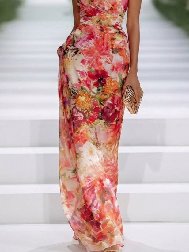 Fiorella - Vestido maxi floral de chifón con cuello halter