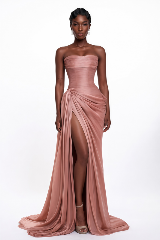 Aurethia - Vestido maxi rosa asimétrico fruncido