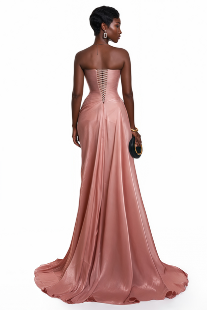 Aurethia - Vestido maxi rosa asimétrico fruncido
