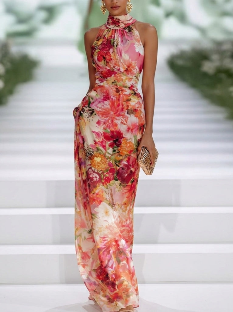Fiorella - Vestido maxi floral de chifón con cuello halter