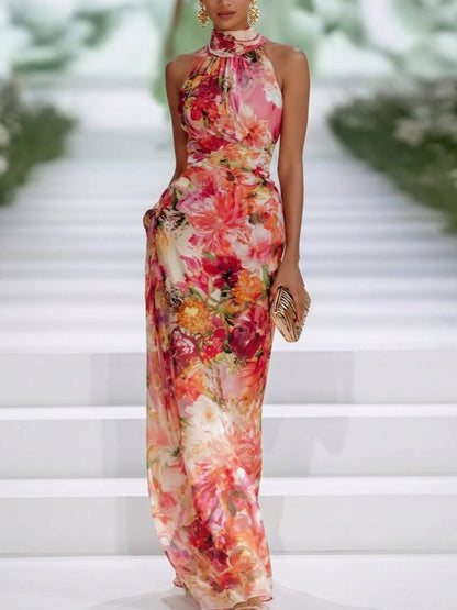 Fiorella - Vestido maxi floral de chifón con cuello halter