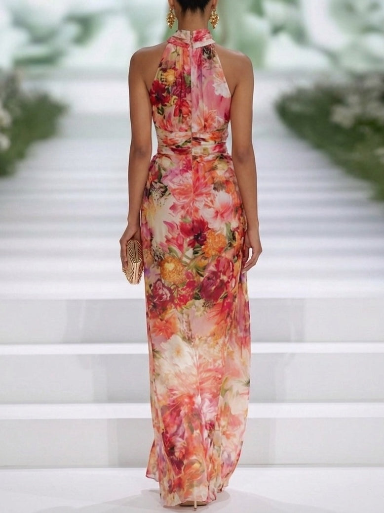 Fiorella - Vestido maxi floral de chifón con cuello halter