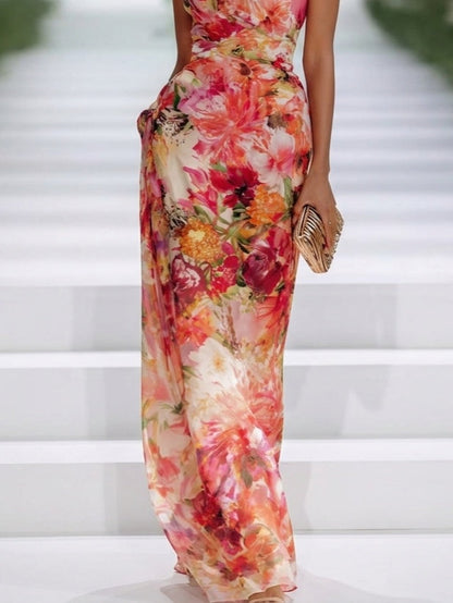 Fiorella - Vestido maxi floral de chifón con cuello halter
